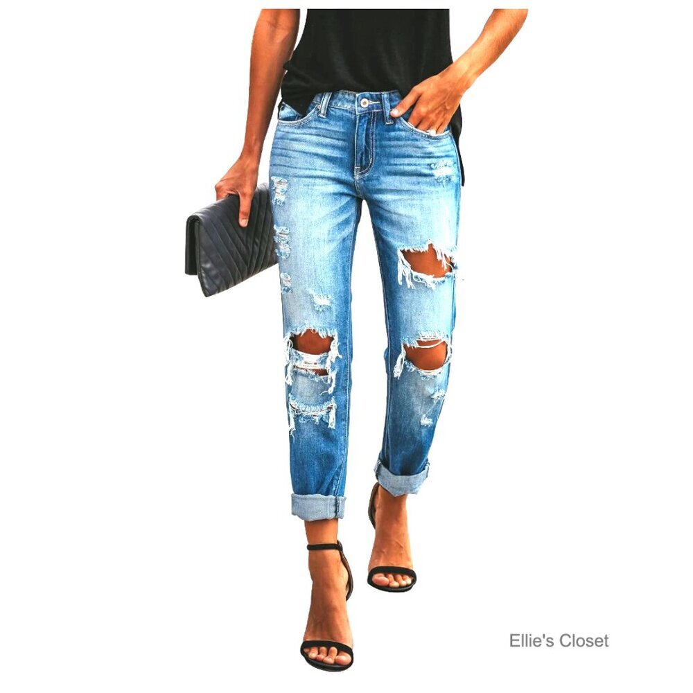 Ripped Mid Waisted Boyfriend Jeans Loose Fit Distressed Stretchy Denim Pants